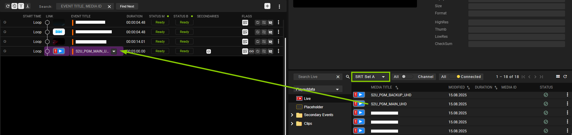 Automation - Add SRT live source from Set A