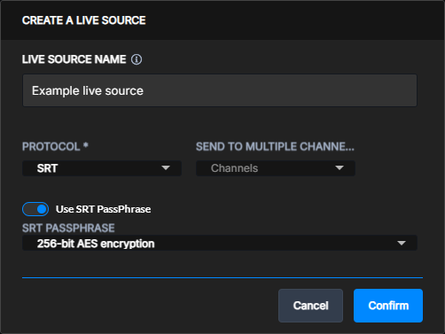 Stream Control - Create live source